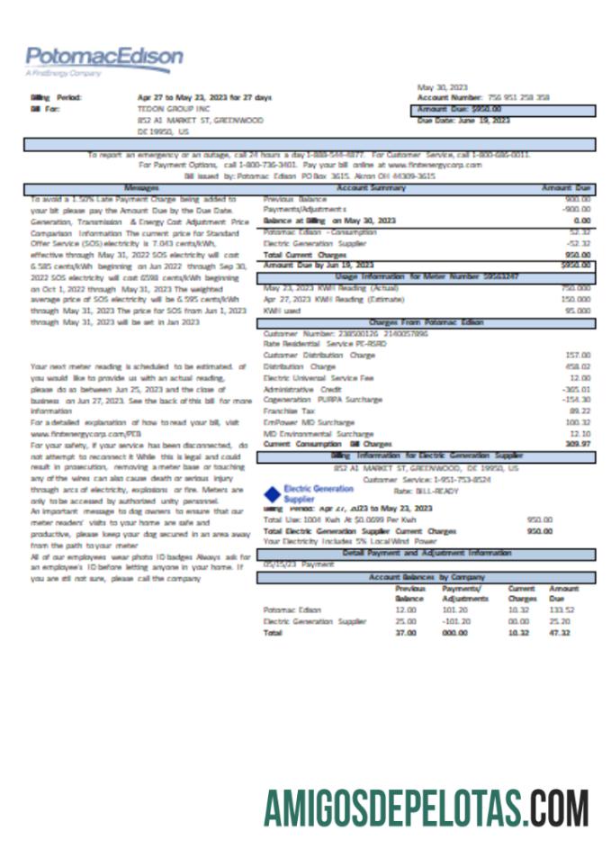 Projeto de lei comercial de serviços públicos Potomac Edison, página 1, SCR amostra